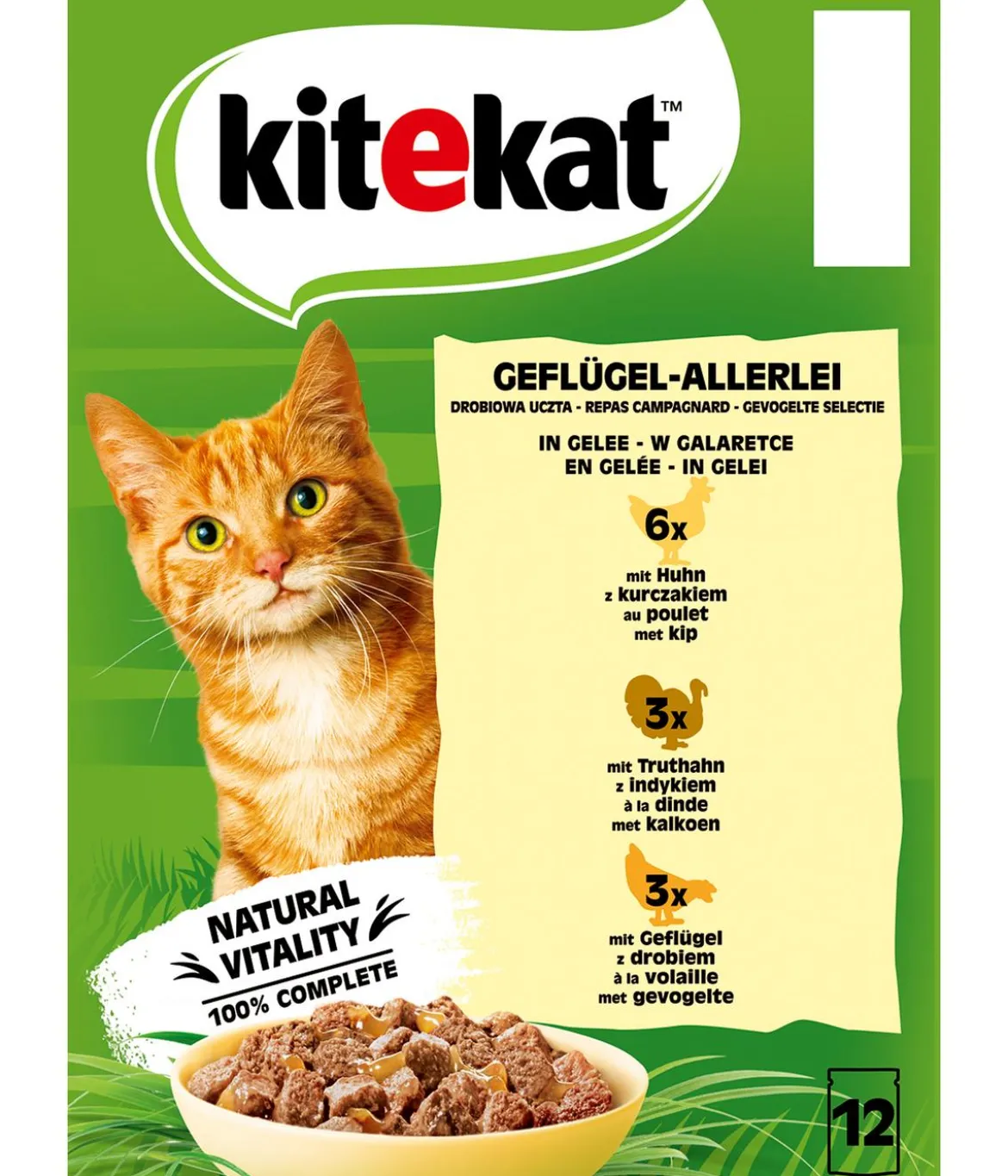 KITEKAT® Nassfutter für Katzen Multipack Geflügel-Allerlei in Gelee, Adult, 12 x 85 g