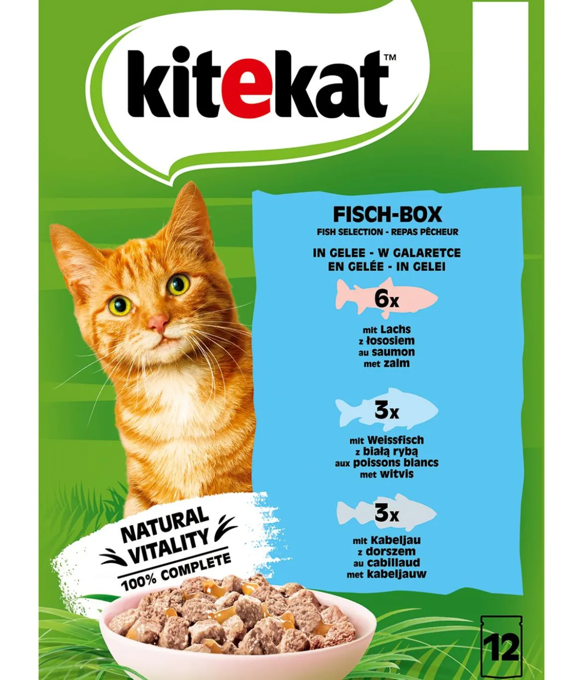 KITEKAT® Nassfutter für Katzen Multipack Fisch-Box in Gelee, Adult, 12 x 85 g