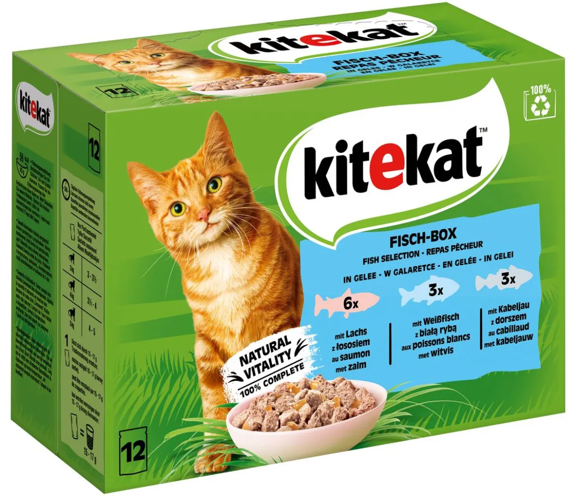 KITEKAT® Nassfutter für Katzen Multipack Fisch-Box in Gelee, Adult, 12 x 85 g