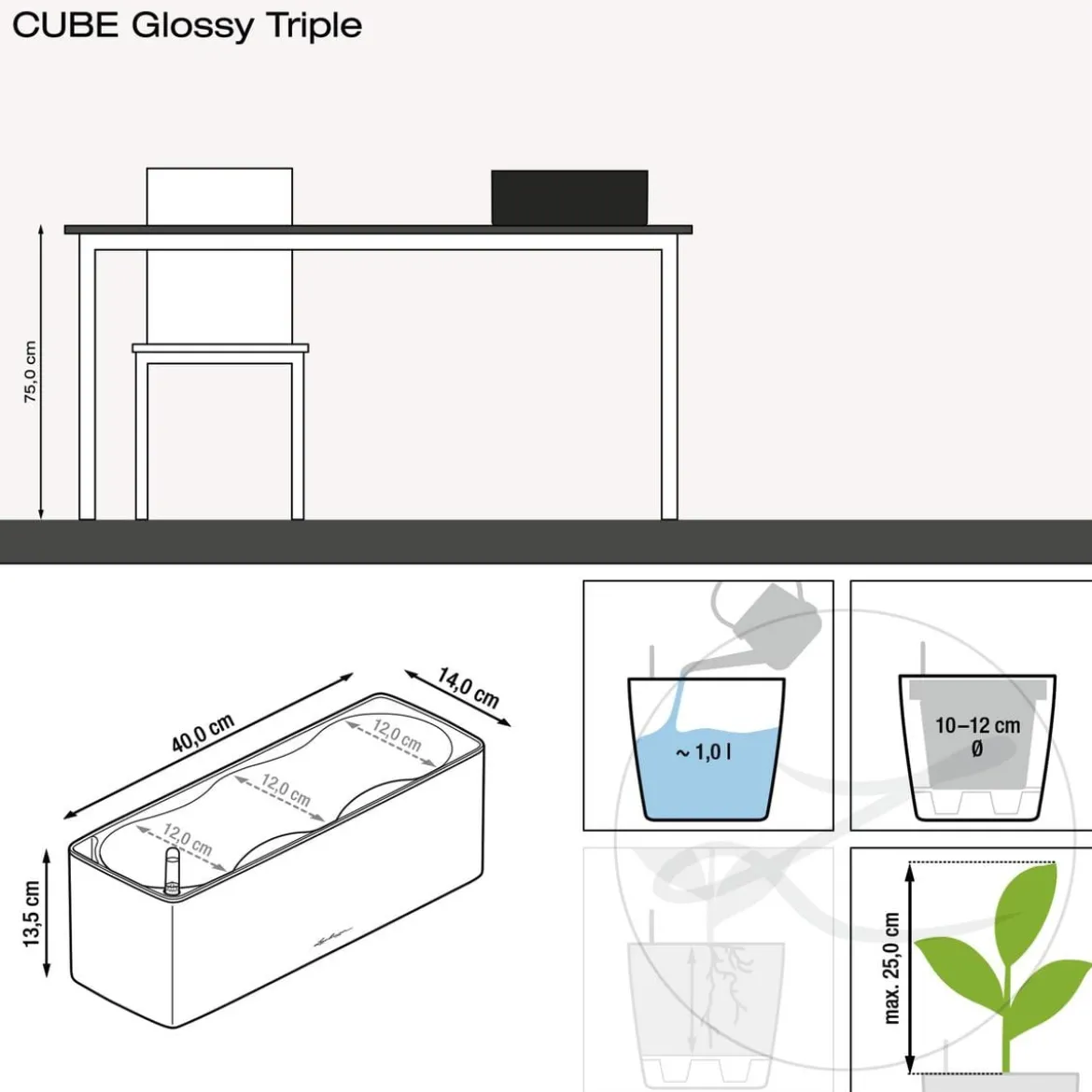 LECHUZA® CUBE Glossy Triple, All-in-One Set, 40 cm