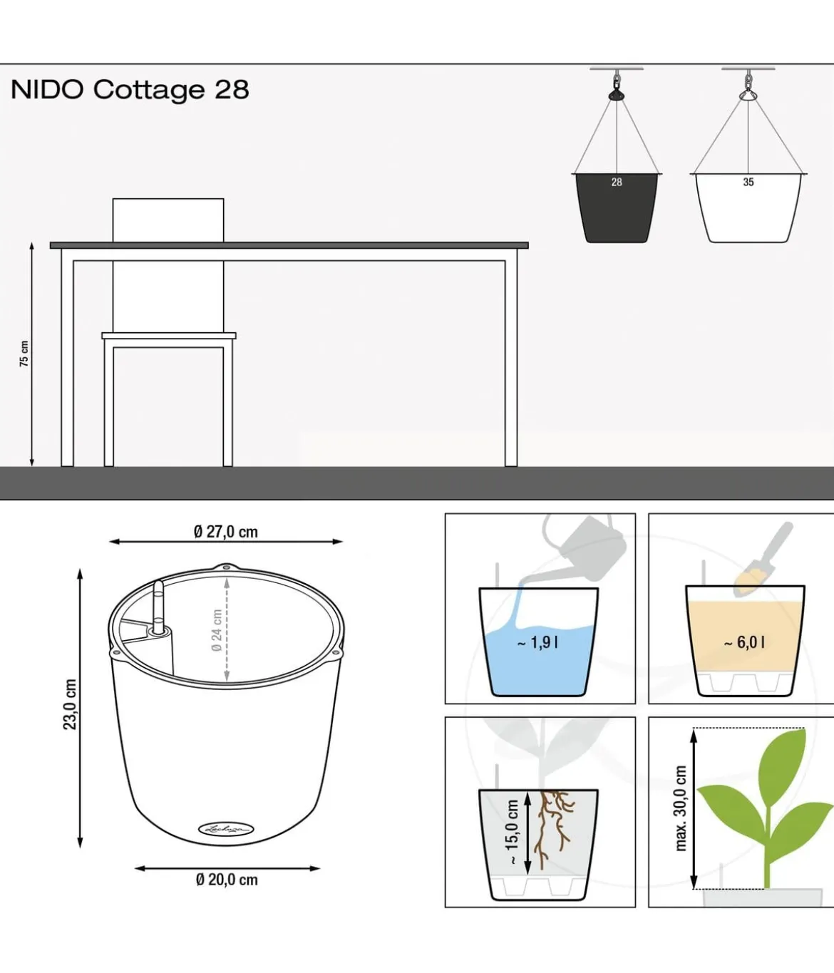LECHUZA® Kunststoff-Hängeampel Nido Cottage