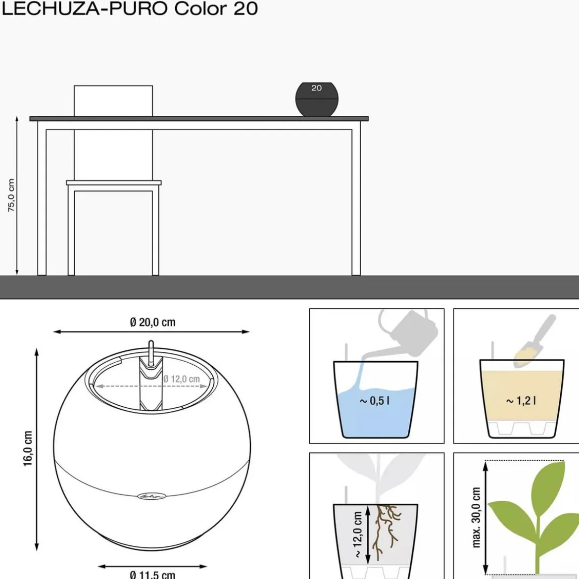 LECHUZA® PURO Color, All-in-One-Set, rund, ca. Ø20 cm