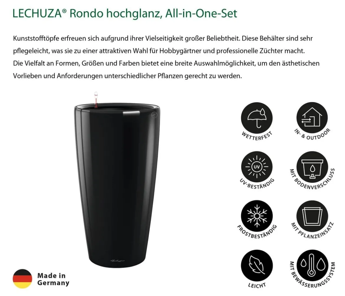 LECHUZA® Rondo hochglanz All-in-One-Set, schwarz, 15749
