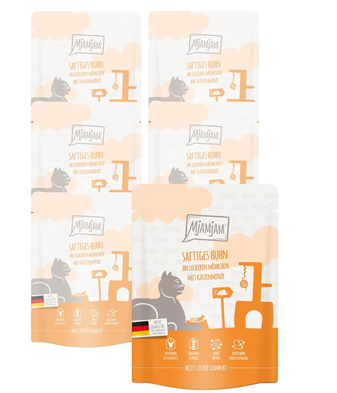 MjAMjAM® Nassfutter für Katzen Quetschie Adult, Huhn & Möhrchen