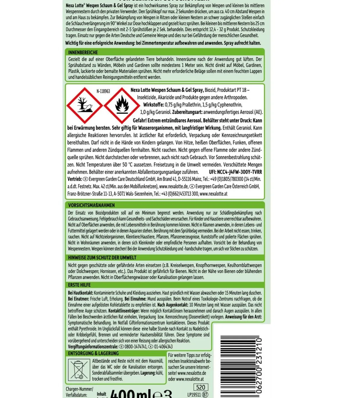 Nexa Lotte® Wespenschaum & Gel Spray, flüssig, 400 ml