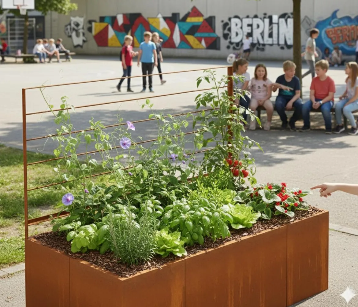 Palatino Cortenstahl-Pflanzgefäß Urban mit Rankhilfe, rechteckig, braun, ca. B200/H183/T100 cm