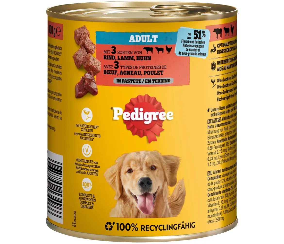 Pedigree® Nassfutter für Hunde Adult, mit 3 Sorten von Rind, Lamm Huhn in Pastete, 12x800 g