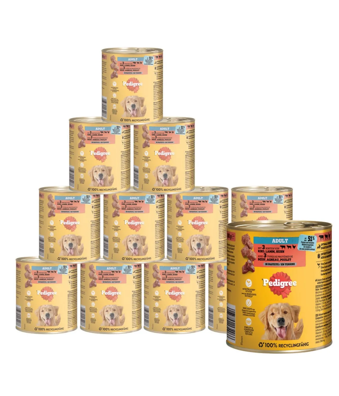 Pedigree® Nassfutter für Hunde Adult, mit 3 Sorten von Rind, Lamm Huhn in Pastete, 12x800 g