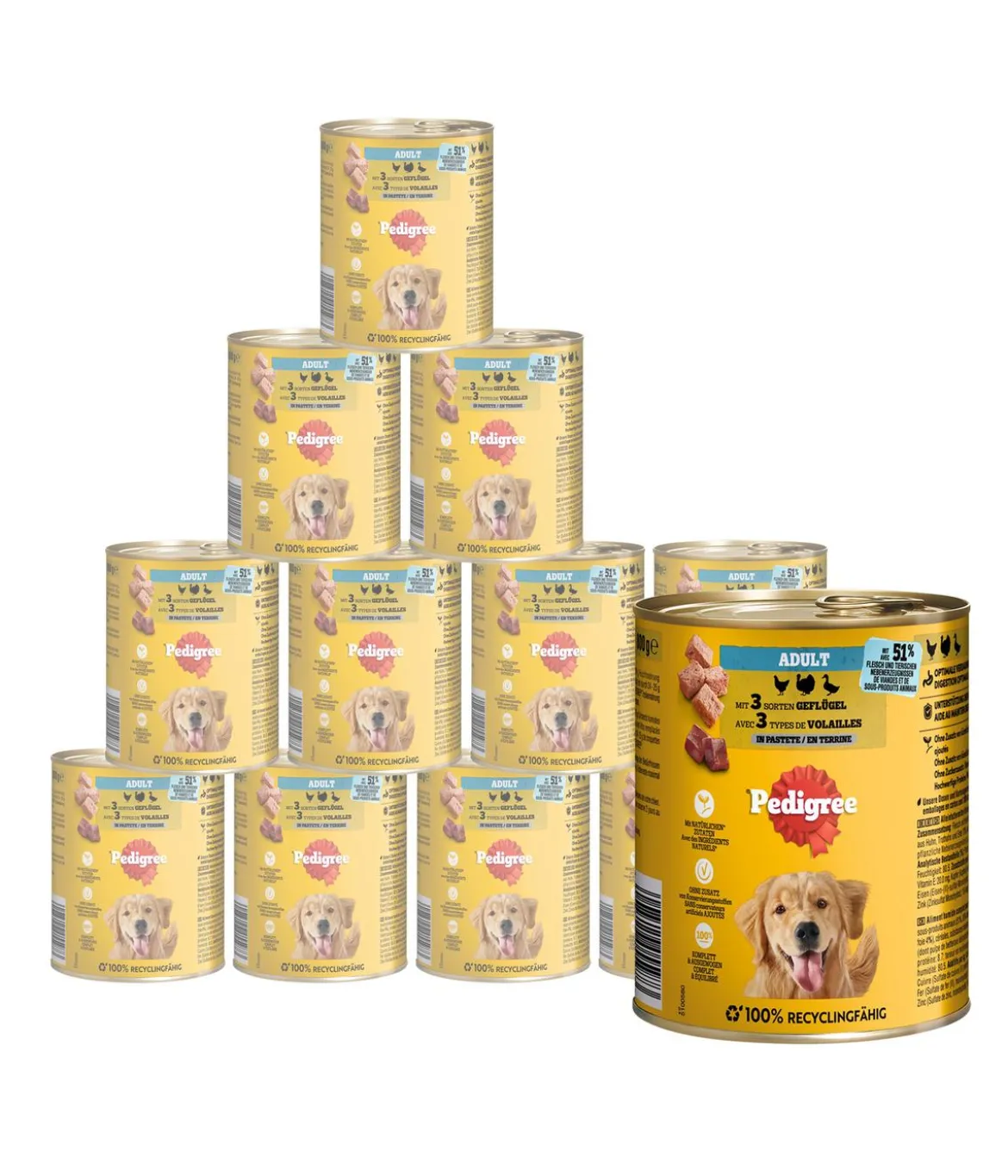Pedigree® Nassfutter für Hunde Adult mit 3 Sorten Geflügel in Pastete, 12x800 g