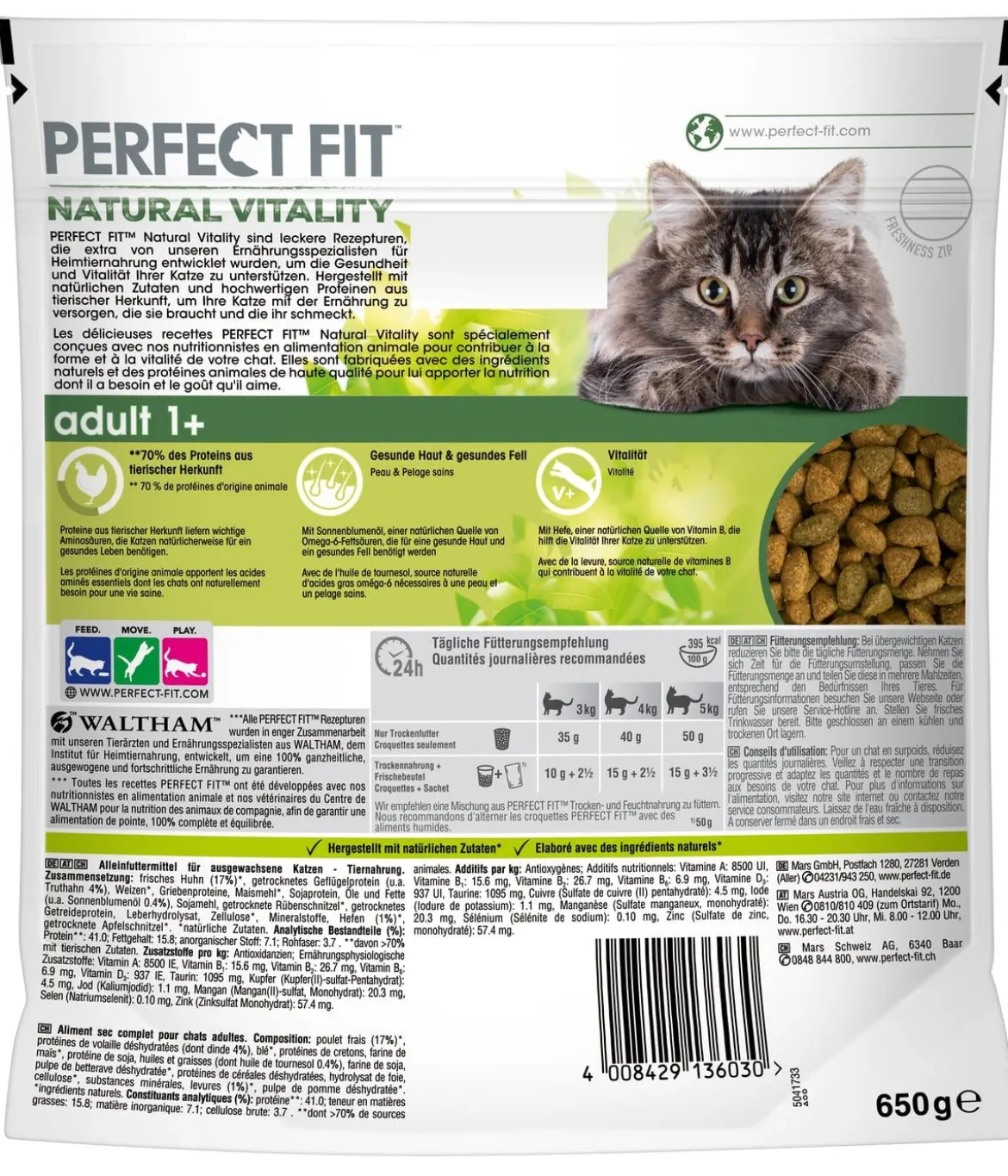 Perfect Fit® Trockenfutter für Katzen, Adult 1+, Huhn & Truthahn, 650 g