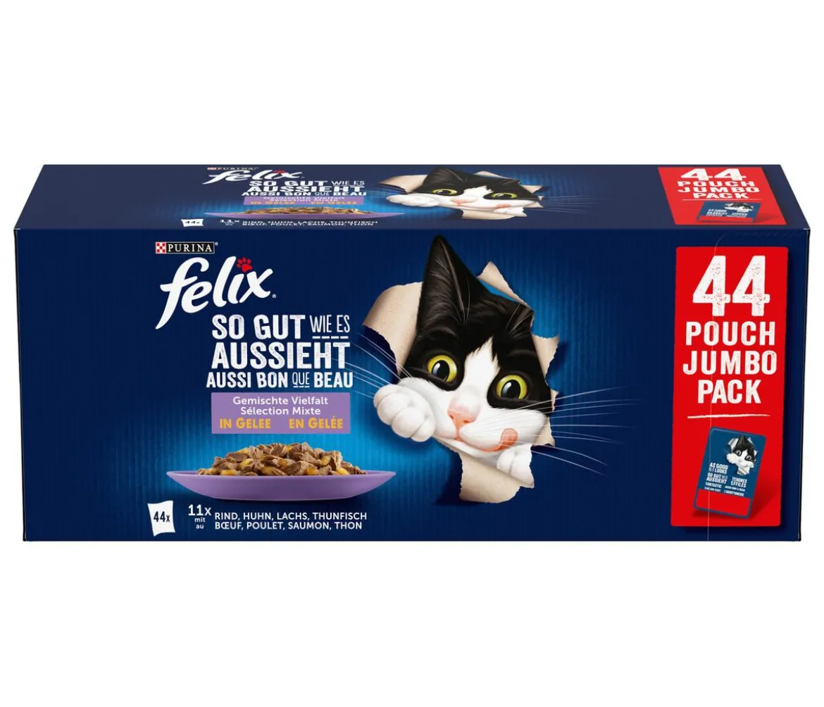 PURINA felix® Nassfutter für Katzen So gut wie es aussieht Gemischte Vielfalt in Gelee Adult, 44 x 85 g
