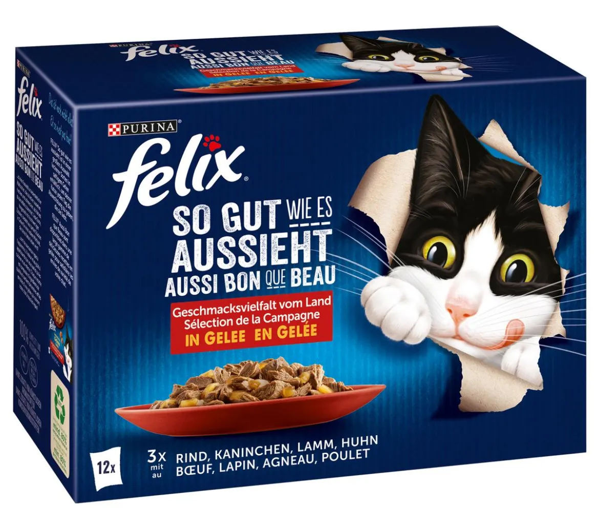 PURINA felix® Nassfutter für Katzen So gut wie es aussieht Geschmacksvielfalt vom Land in Gelee, 12 x 85 g