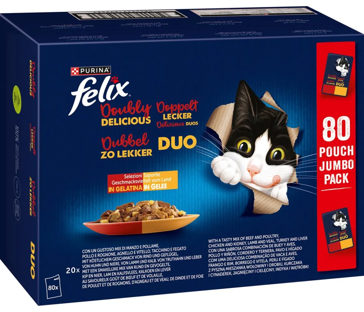 PURINA felix® Nassfutter für Katzen Doppelt Lecker Geschmacksvielfalt vom Land in Gelee, 80 x 85 g