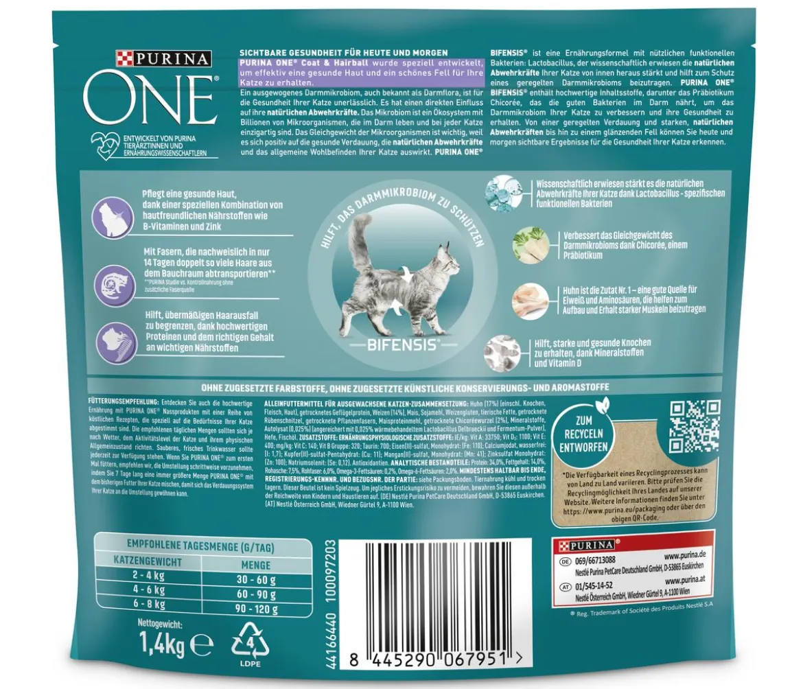 PURINA ONE® Trockenfutter für Katzen Coat & Hairball, Adult, Huhn, 1,4 kg