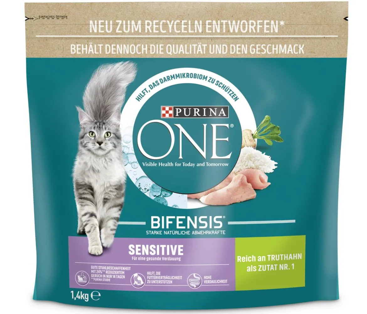 PURINA ONE® Trockenfutter für Katzen Sensitive, Adult, Truthahn, 1,4 kg