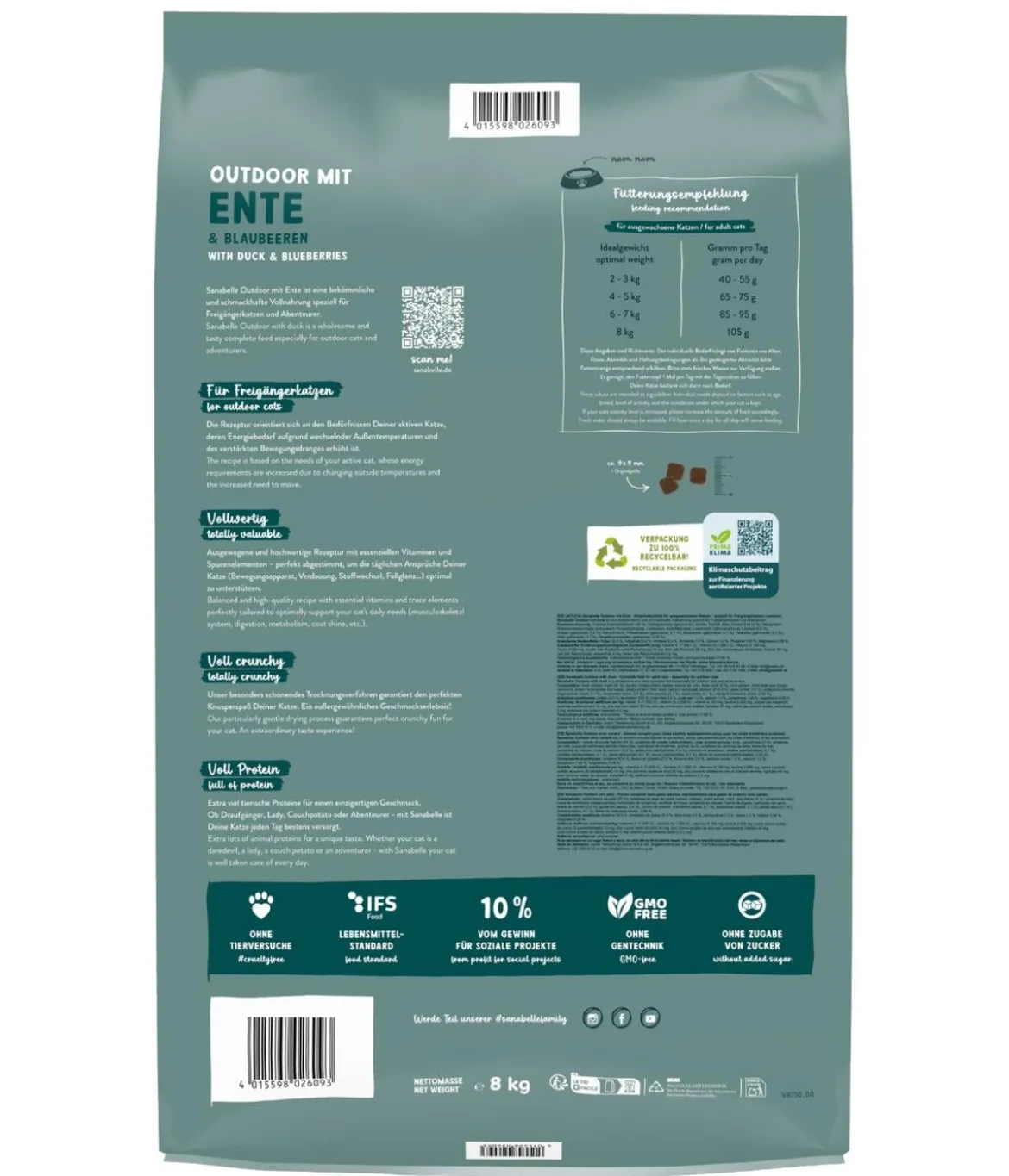 Sanabelle® Life Trockenfutter für Katzen Outdoor Adult, Ente & Blaubeere