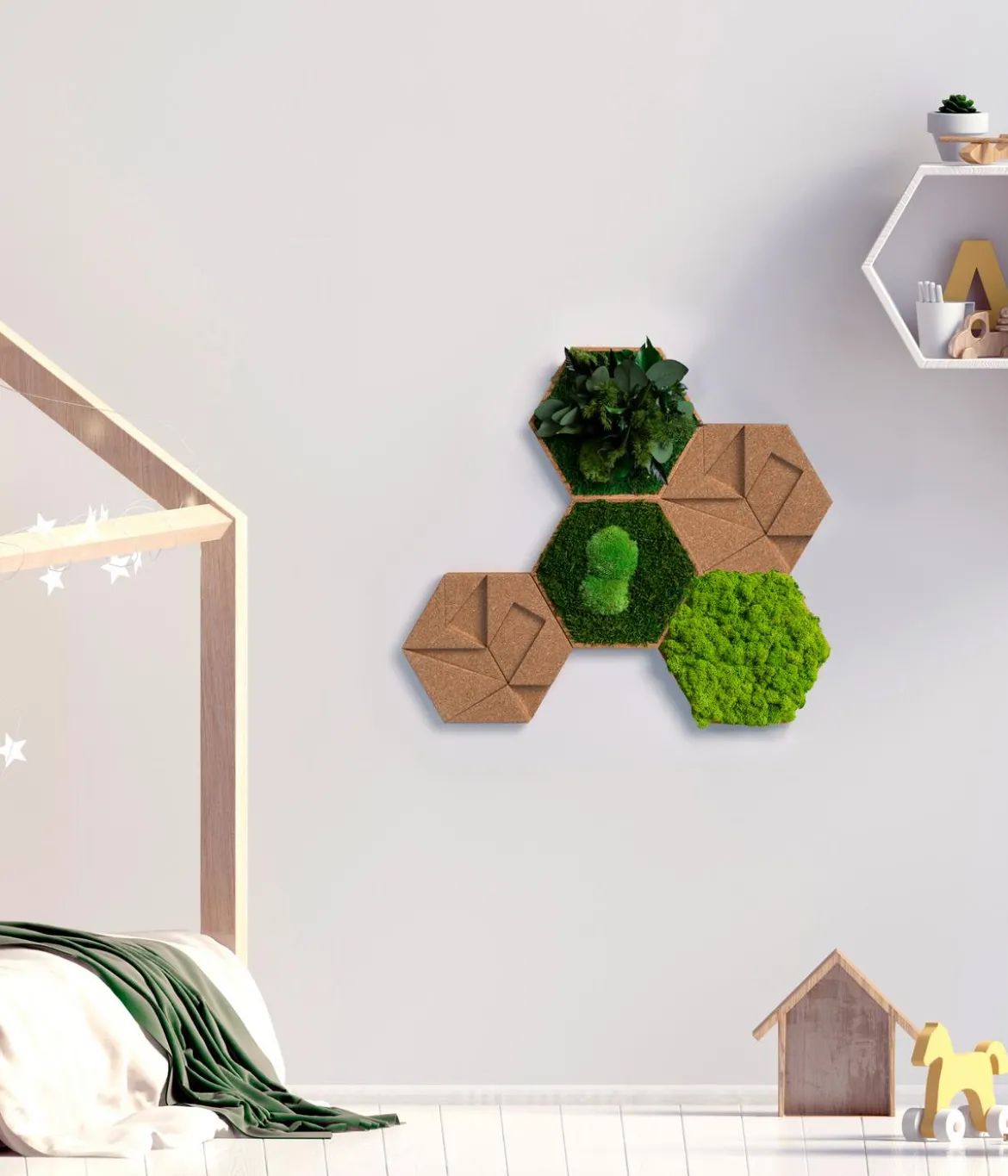 styleGREEN Bilder-Set aus Moos und Kork, Hexagon, 5-teilig