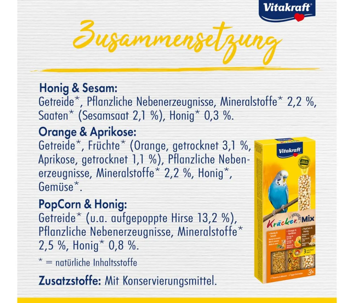 Vitakraft® Kräcker® Original Mix + Honig / Orange / PopCorn für Wellensittiche, 3er Pack