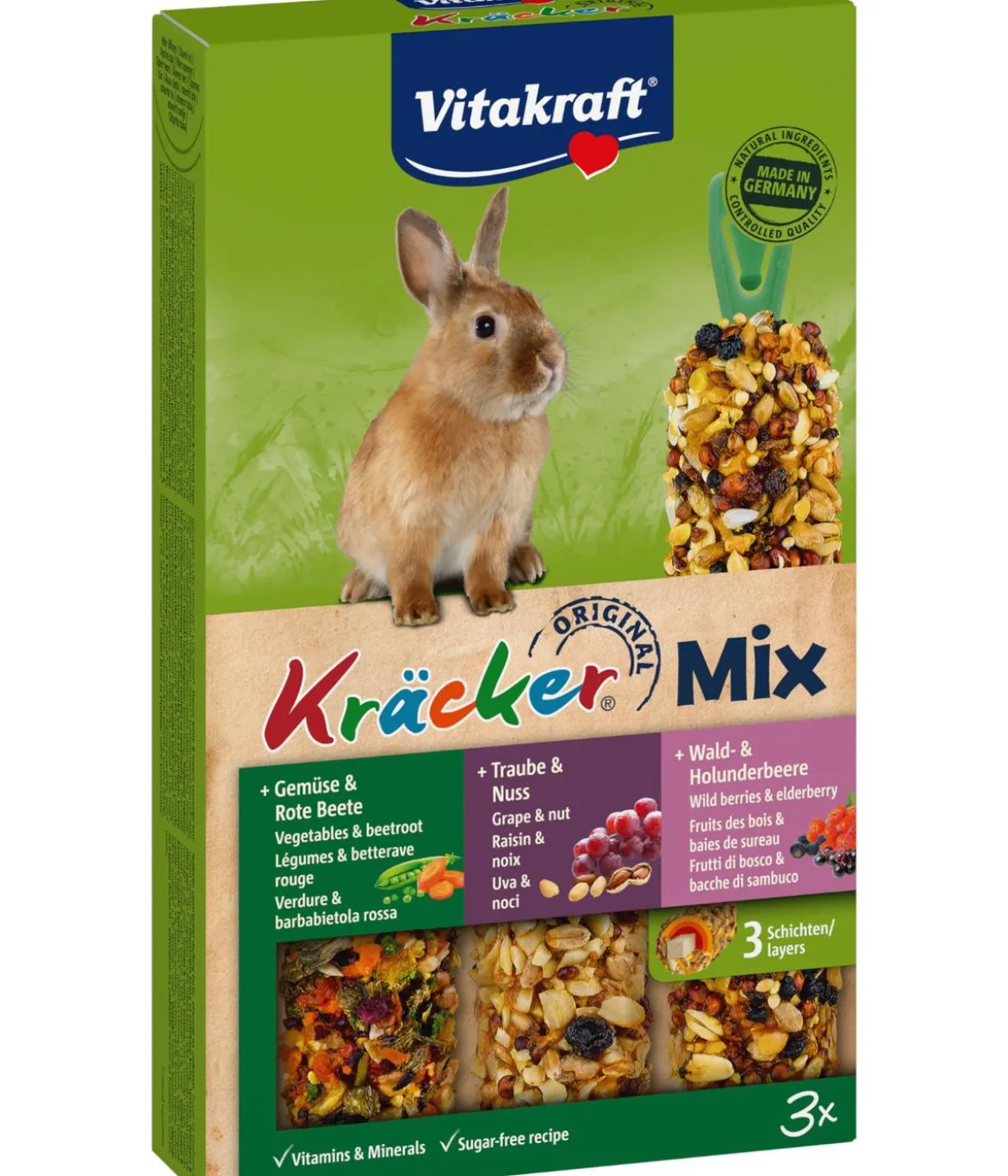 Vitakraft® Nagersnack Kräcker® Original Mix + Gemüse/Nuss/Waldbeere für Zwergkaninchen, 3er Pack