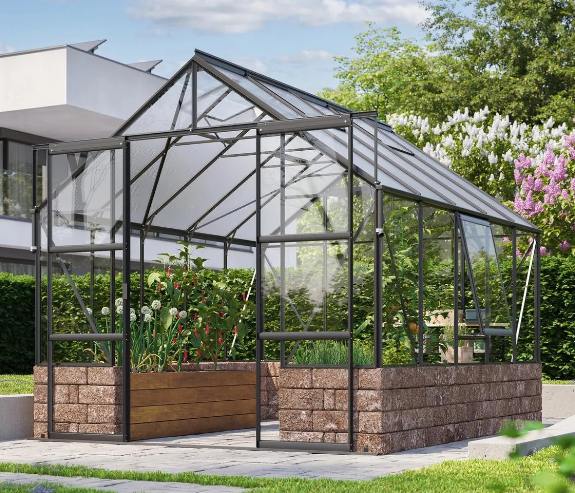 Vitavia Gewächshaus Cassiopeia 8300 ESG/HKP, inkl. Sockelmauer Herbstlaub