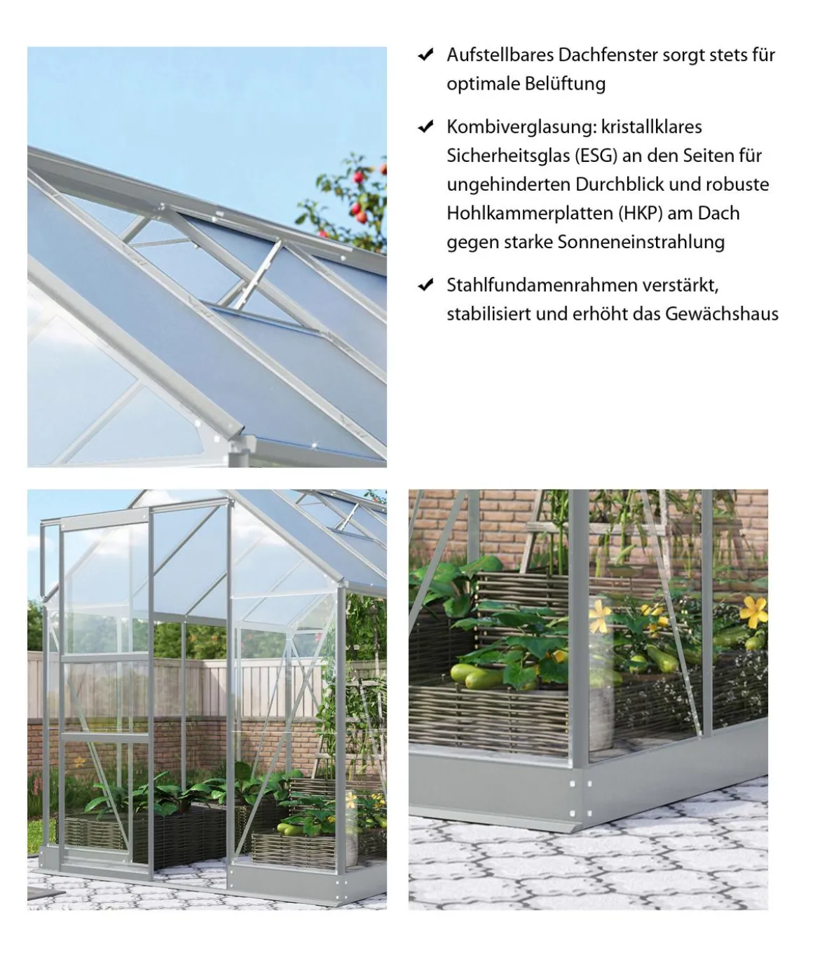 Vitavia Gewächshaus Pontos 5000, ESG 3 mm/HKP 6 mm, inkl. Stahlundamentrahmen, ca. B195/H207/T261 cm