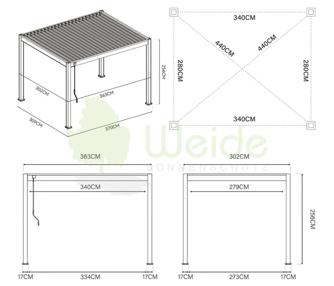 Weide Classic Pergola 3x3,6 inkl. LED, ca. B360/H255/T300 cm