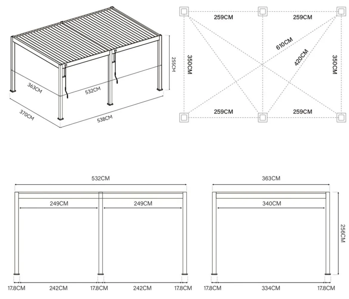 Weide Deluxe Pergola Voll-Alu, ca. B530/H255/T360 cm
