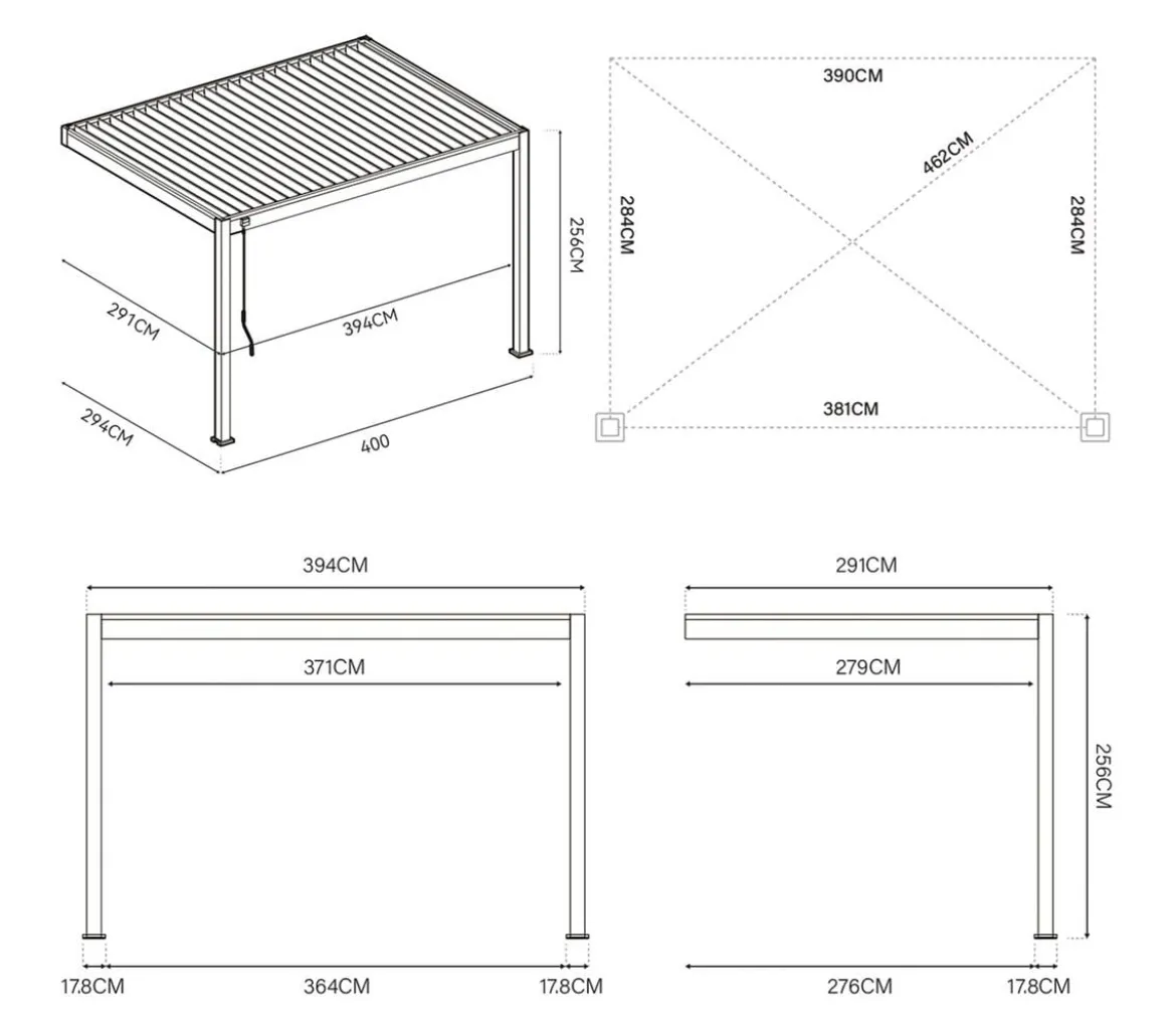 Weide Deluxe Wandpergola Voll-Alu, ca. B400/H255/T300 cm
