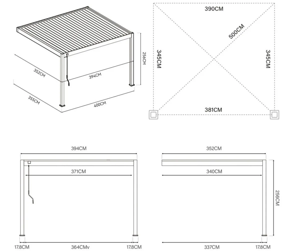 Weide Deluxe Wandpergola 3,6x4 Voll-Alu, ca. B400/H255/T360 cm