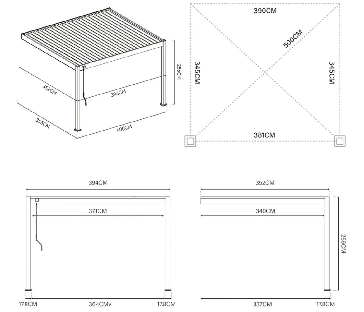 Weide Deluxe Wandpergola 3,6x4 Voll-Alu, ca. B400/H255/T360 cm