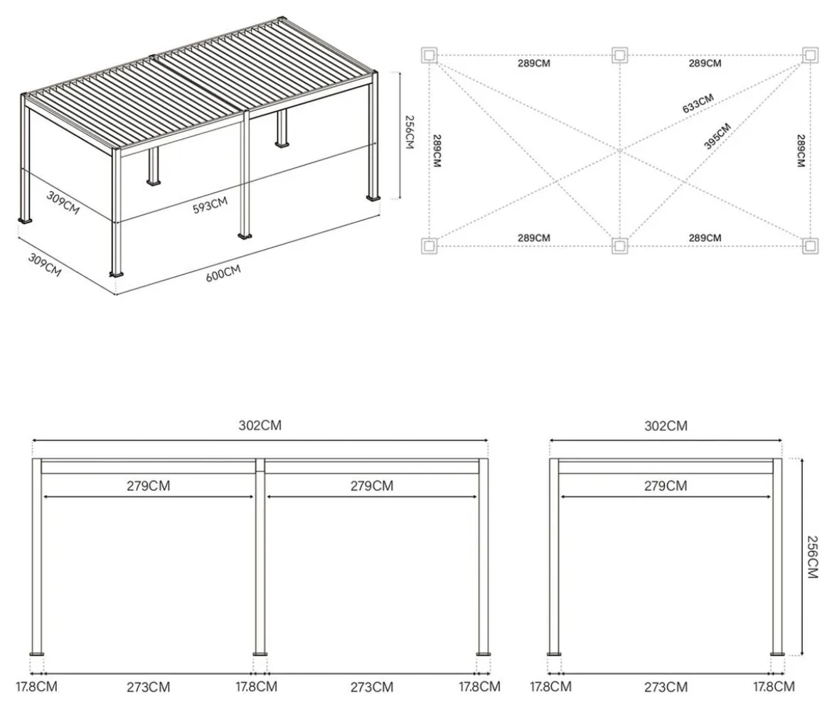 Weide Pergola LED E-Deluxe 3x6, ca. B600/H255/T300 cm