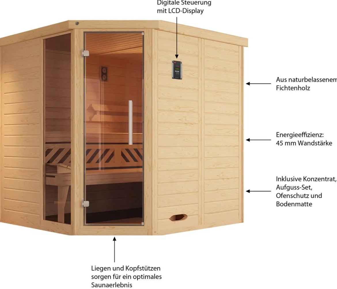 Weka Ecksauna Kemi mit Glastür und Fenster