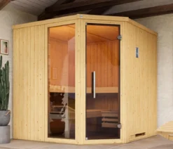 Weka Ecksauna Varberg mit Glastür und Fenster inkl. Ofen, ca. B194/H199/T194 cm