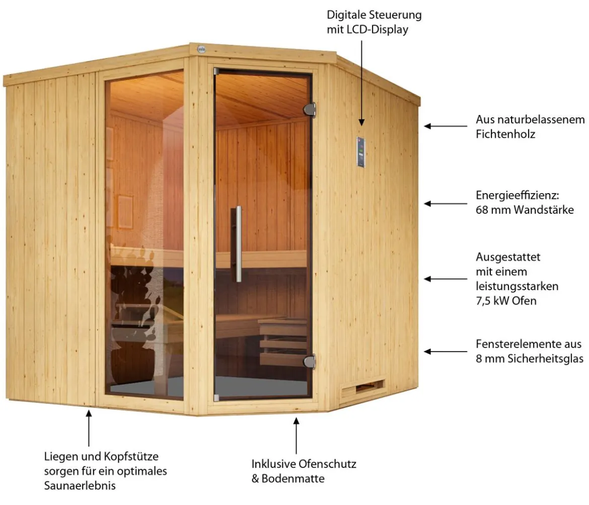 Weka Ecksauna Varberg mit Glastür und Fenster inkl. Ofen, ca. B194/H199/T194 cm