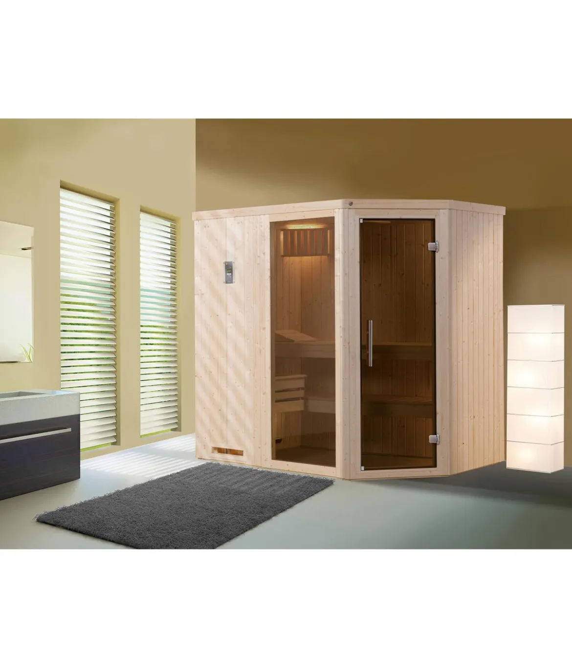 Weka Ecksauna Varberg mit Glastür und Fenster
