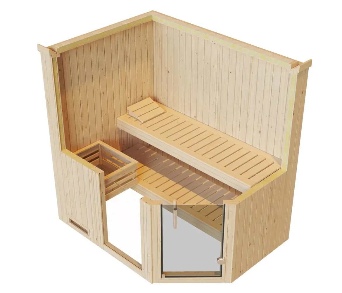 Weka Ecksauna Varberg mit Glastür und Fenster