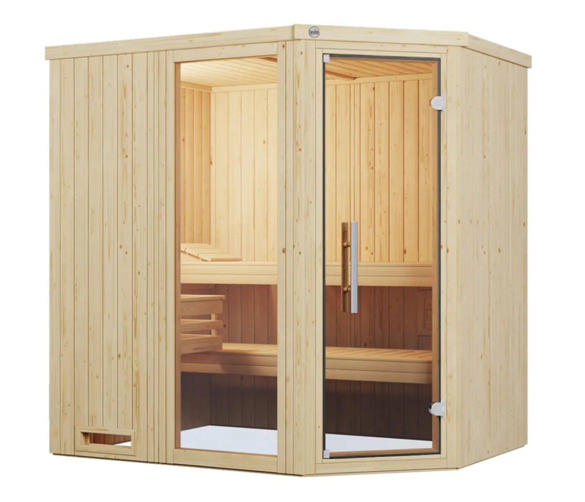 Weka Ecksauna Varberg mit Glastür und Fenster