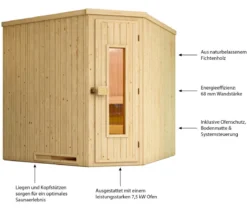 Weka Ecksauna Varberg mit Holztür inkl. Ofen, ca. B194/H199/T194 cm