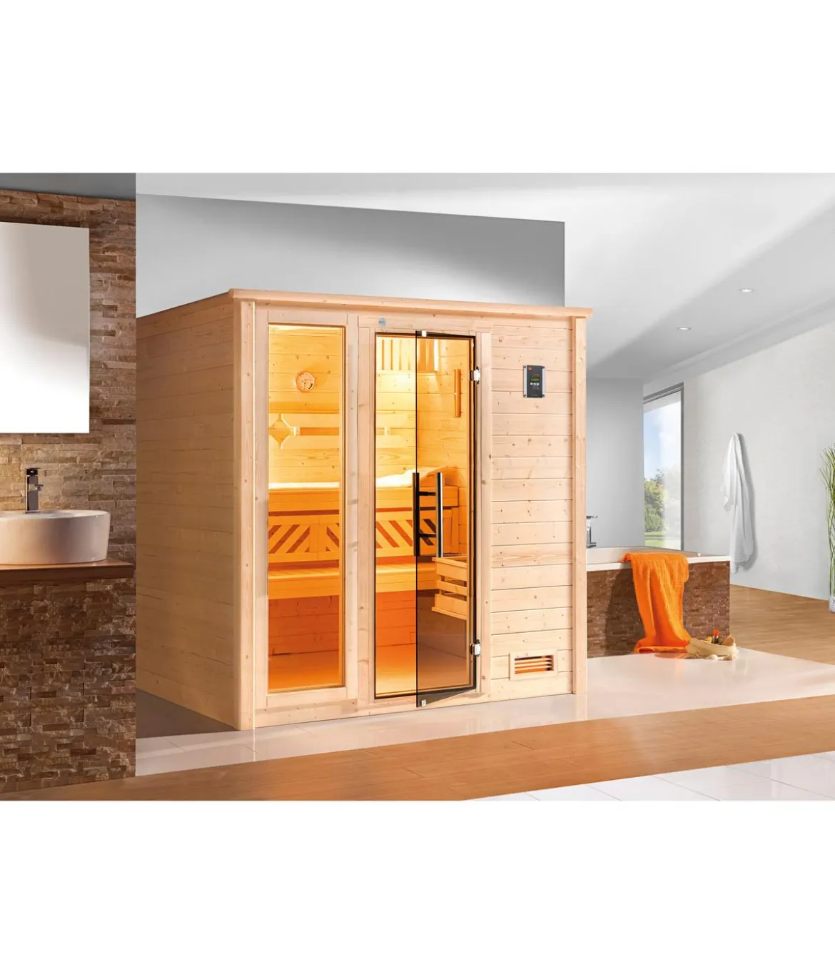 Weka Sauna Bergen mit Glastür und Fenster