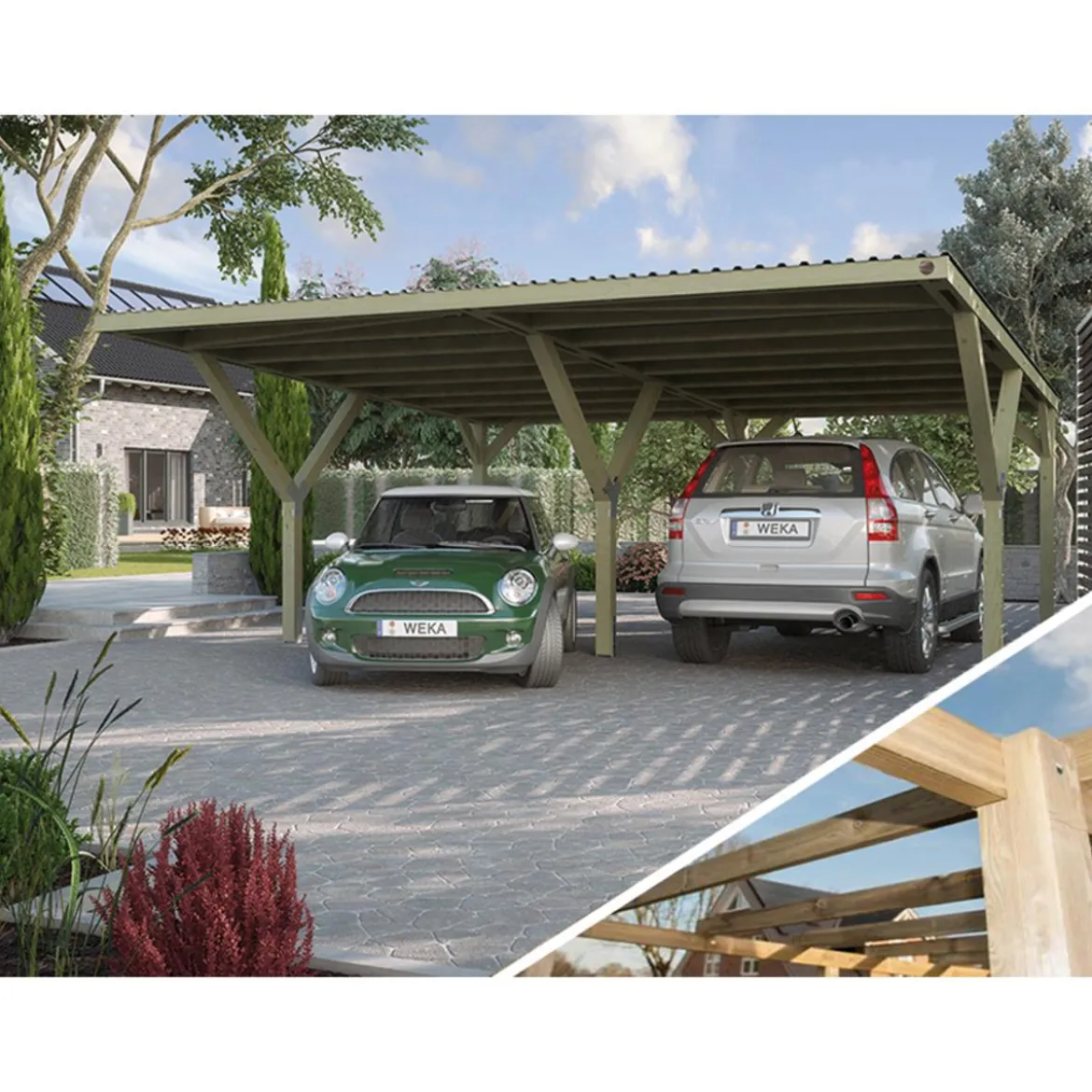 Weka Y-Doppelcarport 612 ohne Dacheindeckung, ca. B592/H250/T606 cm