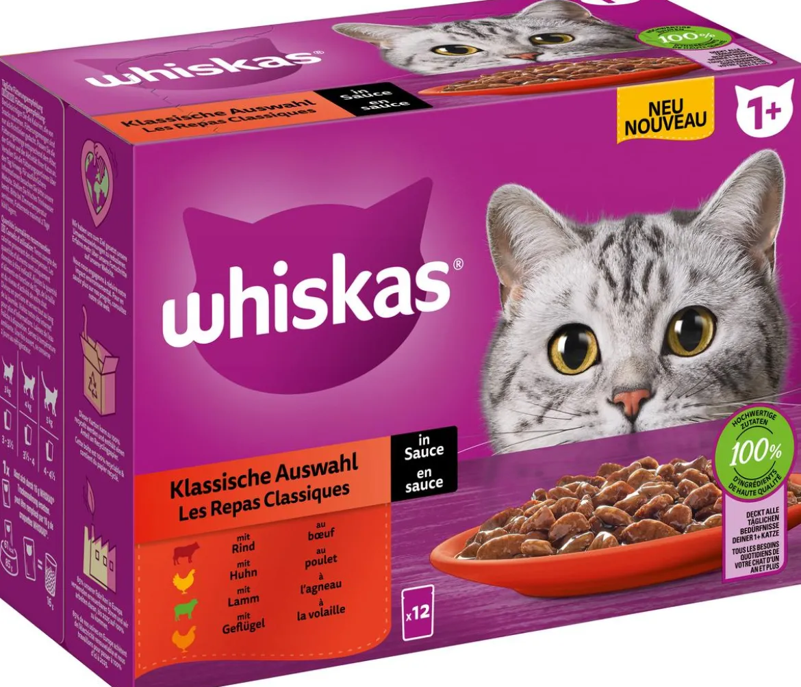 Whiskas® Nassfutter für Katzen Multipack Klassische Auswahl in Sauce, Adult, 12 x 85 g