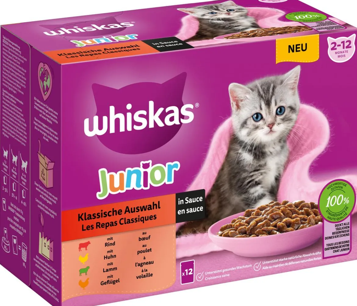 Whiskas® Nassfutter für Katzen Multipack Klassische Auswahl in Sauce, Junior, 12 x 85 g