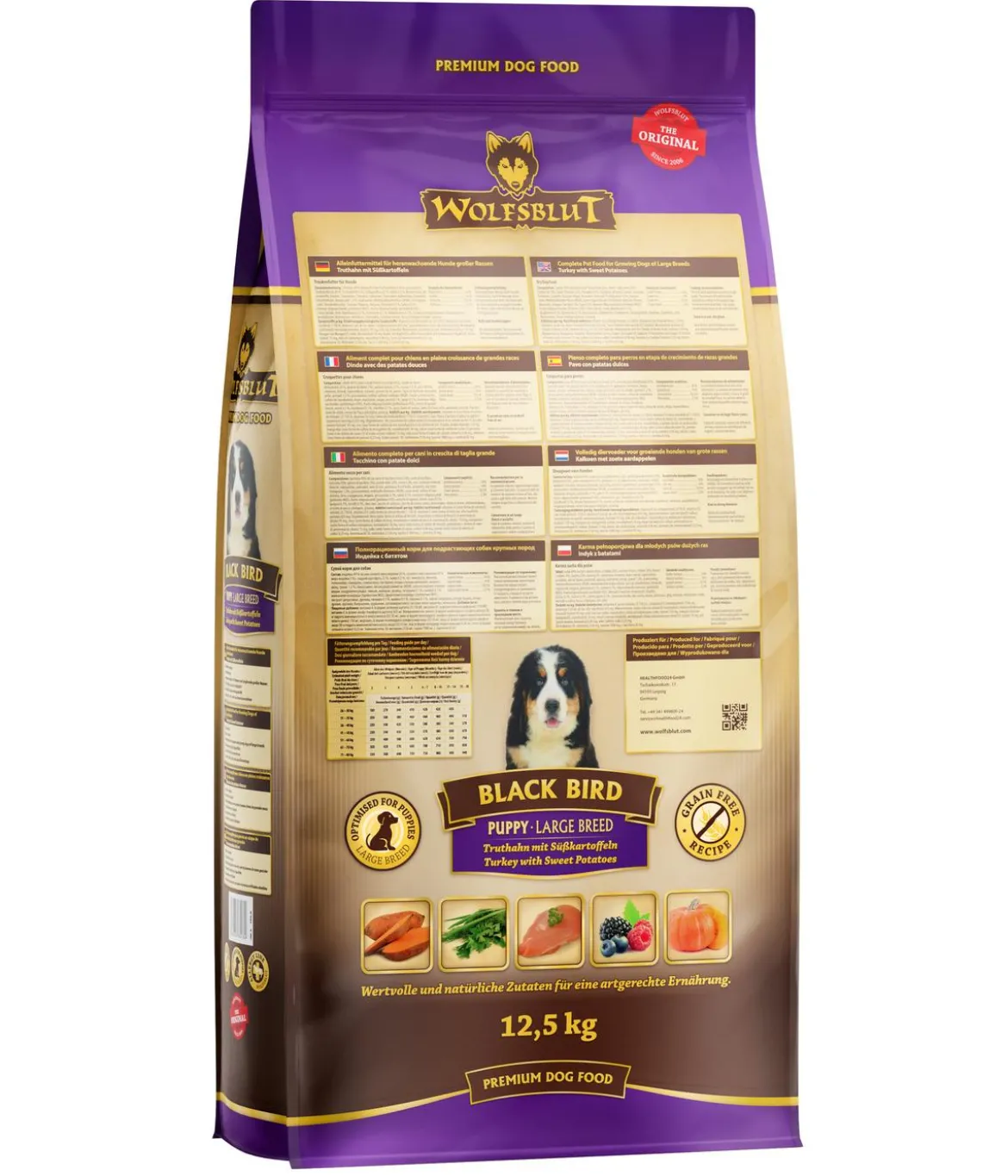 WOLFSBLUT Trockenfutter für Hunde Black Bird Puppy Large Breed, Truthahn & Süßkartoffel, 12,5 kg