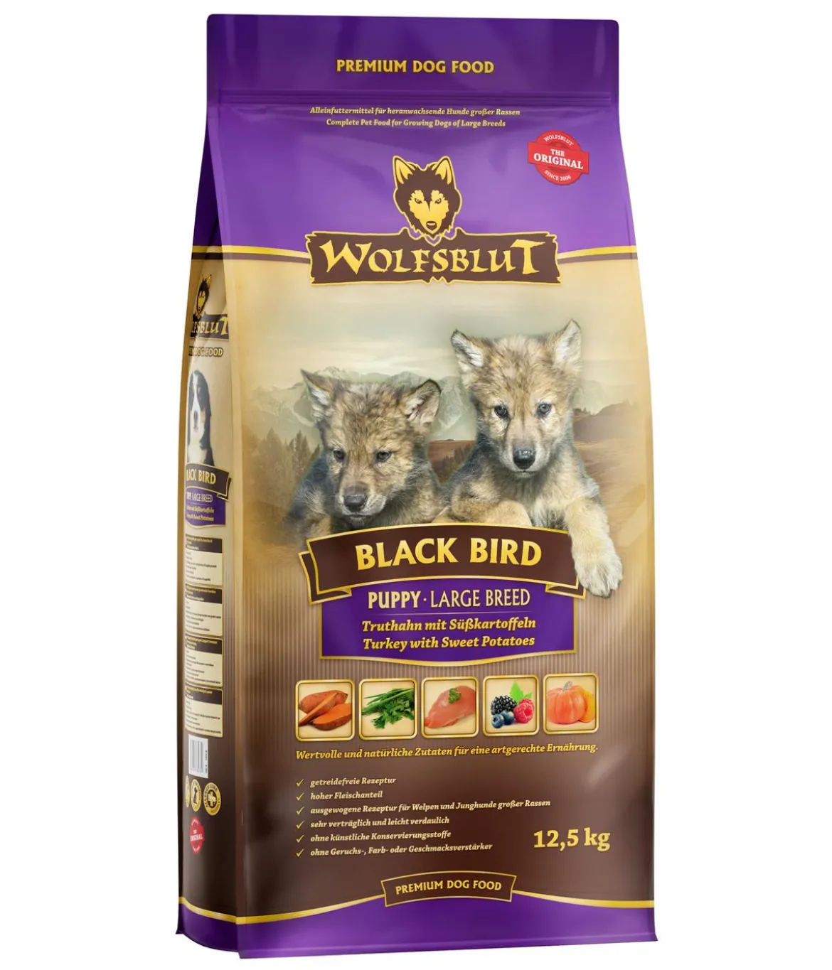 WOLFSBLUT Trockenfutter für Hunde Black Bird Puppy Large Breed, Truthahn & Süßkartoffel, 12,5 kg