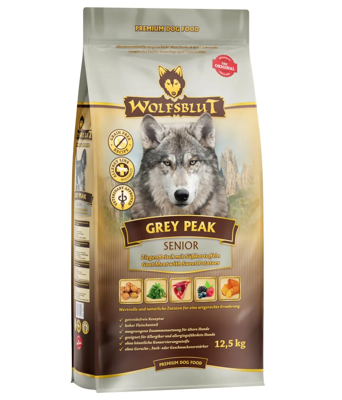 WOLFSBLUT Trockenfutter für Hunde Grey Peak, Senior, Ziege & Süsskartoffeln